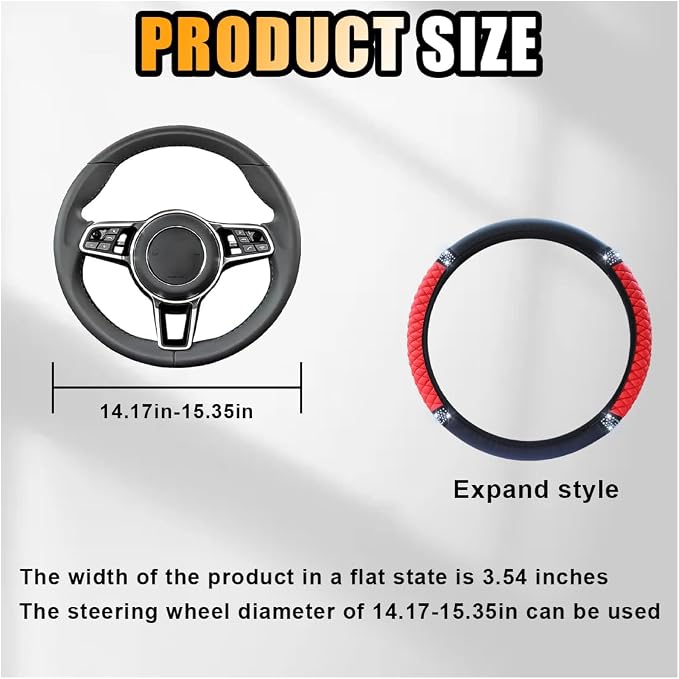 JOYCOURT 15 Inch Bling Soft Leather Car Steering Wheel Cover, Red | Colorful Rhinestones Design, Auto Elastic Protector for Women Girls, Crystal Diamond Car Accessories for Most Cars, SUVs