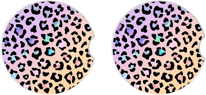 Cute Gradient Leopard Ceramic Cup Holders Car Coasters Set for Women/Men,Drink Cup Car Holder Coasters with A Finger Notch 2.56" Pack of 2