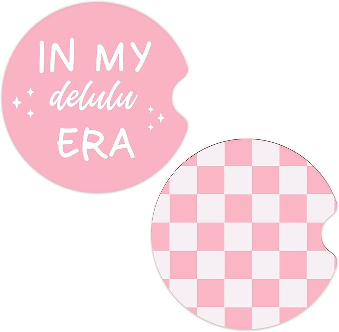 Ceramic Car Coasters – Absorbent Car Cup Holder Coaster Set for Women, Cute Aesthetic Car Accessories for Girls, 2 Pack (Deep Rose)