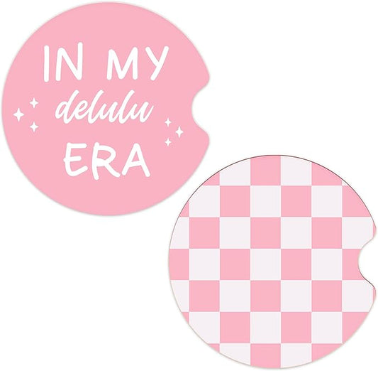 Ceramic Car Coasters – Absorbent Car Cup Holder Coaster Set for Women, Cute Aesthetic Car Accessories for Girls, 2 Pack (Deep Rose)