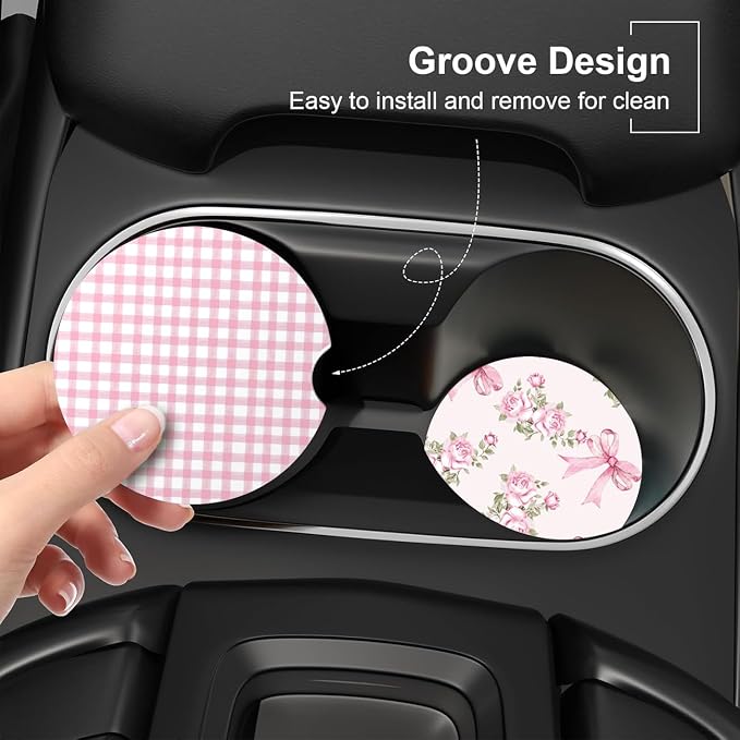 Ceramic Car Coasters – Absorbent Car Cup Holder Coaster Set for Women, Cute Aesthetic Car Accessories for Girls, 2 Pack (Fuchsia)