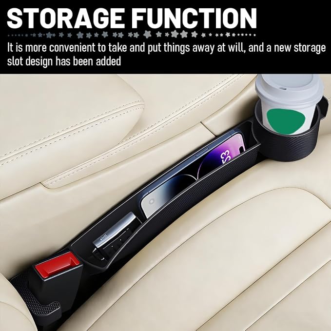 2PCS Car Seat Gap Filler Organizer with Cup Holder, Multifunctional Side Seat Crevice Blocker Plug with Storage Slot, No-Drop Auto Console Side Gap Stopper Organizer, Universal Fit (Black)