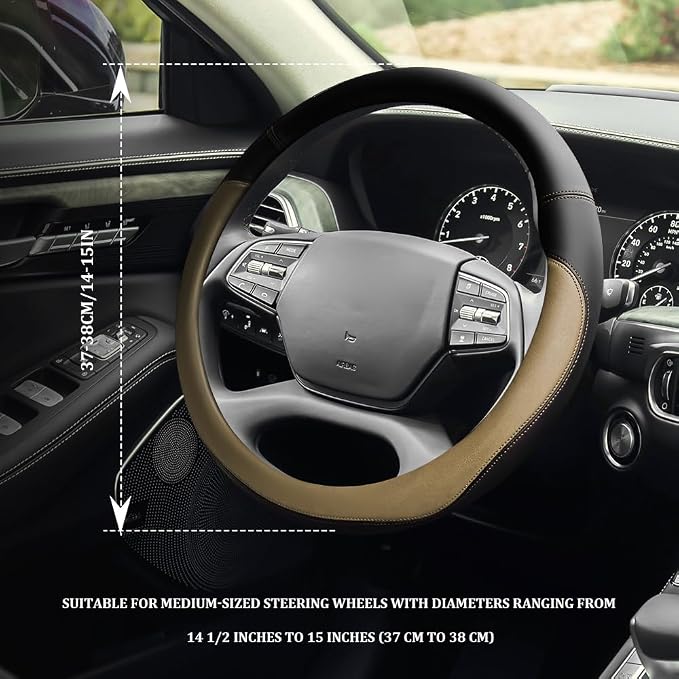 Car Steering Wheel Cover, 15 Inch Napa Leather Car Steering Wheel Protector, Slip-Resistant Elastic Steering Wheel Handle Cover, Universal Interior Accessories for Cars Trucks SUVs (Beige)
