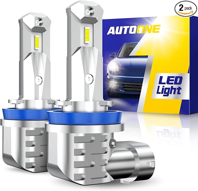 AUTOONE H8 H11 H16 H9 LED Light Bulbs White, 6000K 1000% Bright, Fanless Mini Size, Plug and Play, Pack of 2