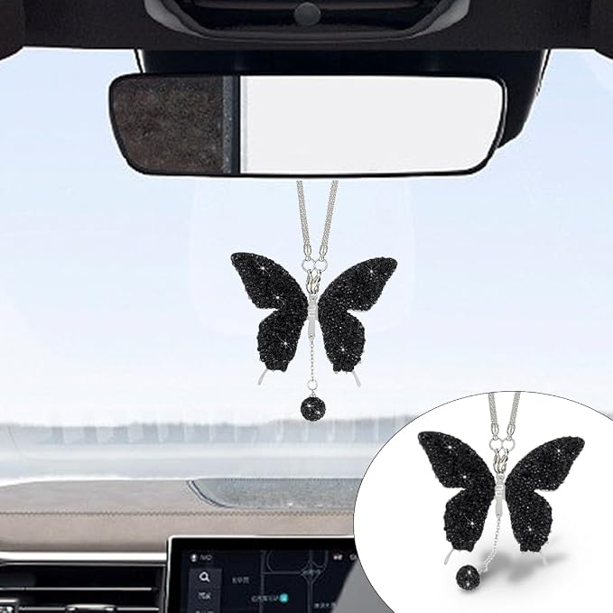 JOYCOURT Bling Butterfly Diamond Car Hanging Accessories for Women, Black | Crystal Butterfly Rear View Mirror Luck Car Decoration Accessories, Valentine's Day Presents Ornament Pendant for All Cars