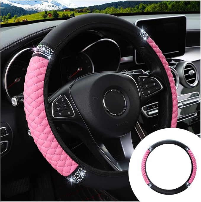 JOYCOURT 15 Inch Bling Soft Leather Car Steering Wheel Cover, Pink | Colorful Rhinestones Design, Auto Elastic Protector for Women Girls, Crystal Diamond Car Accessories for Most Cars, SUVs