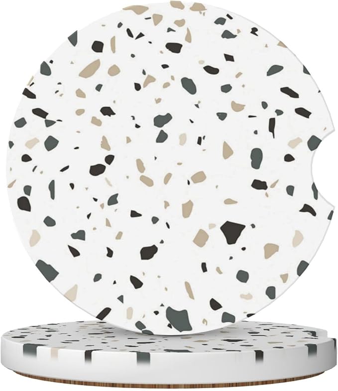 Terrazzo Marble Car Cup Holder Coaster 2 Pack Absorbent Ceramic Car Coasters for Cup Holders Car Accessories Interior for Women Men Universal Anti Slip Cork Base Cup Coasters with Finger Notch