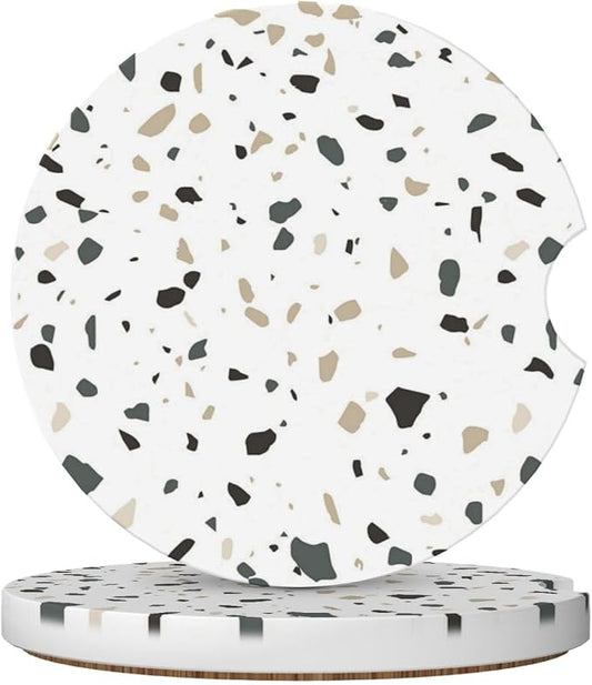 Terrazzo Marble Car Cup Holder Coaster 2 Pack Absorbent Ceramic Car Coasters for Cup Holders Car Accessories Interior for Women Men Universal Anti Slip Cork Base Cup Coasters with Finger Notch