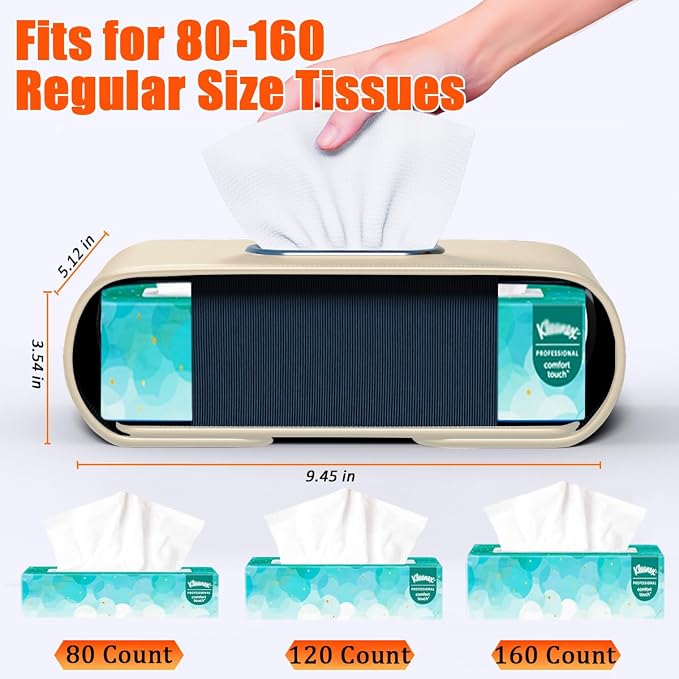 Car Tissue Holder, Car Kleenex Holder Backseat Fits 100-160 Count | Premium PU Leather,Keep Tidy,Universal,Large tissue box,Backseat Car Napkin Holder,Tissues Dispenser for Car,Beige