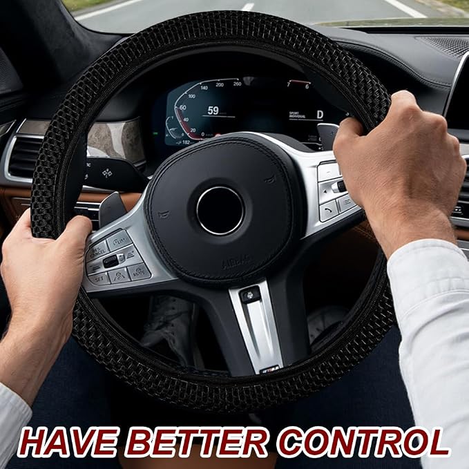 Breathable Elastic Steering Wheel Cover,15 Inch Stretch Steering Wheel Protector,Microfiber Ice Silk Anti-Slip Car Wheel Cover,Odorless Comfort Grip Interior Accessory for Cars SUV Truck（Black）