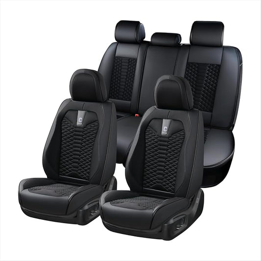 Coverado Car Seat Covers Full Set, 5 Seats Universal Seat Covers for Cars, Breathable Fabric& Faux Leather Auto Seat Cushions, Front and Rear Seat Protectors Fit for Most Sedans SUV Truck, Black