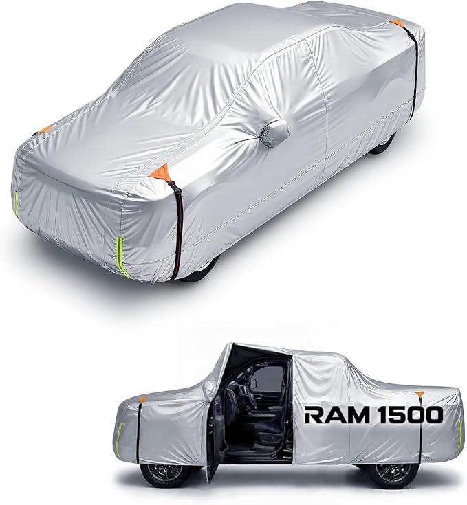 Wigoo Dodge Ram 1500 Truck Car Cover Accessories 2019-2026, Custom Fit Waterproof All Weather Outdoor Full Pickup Cover, Windproof UV Rain Snow Dust Protection, Door Zipper, Reflective Strips