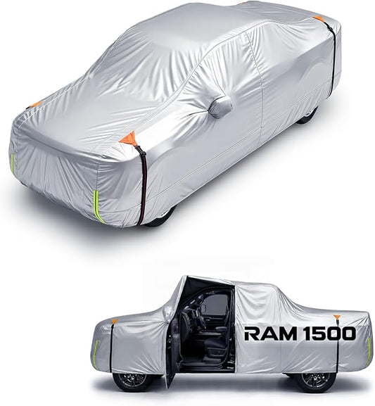 Wigoo Dodge Ram 1500 Truck Car Cover Accessories 2019-2026, Custom Fit Waterproof All Weather Outdoor Full Pickup Cover, Windproof UV Rain Snow Dust Protection, Door Zipper, Reflective Strips