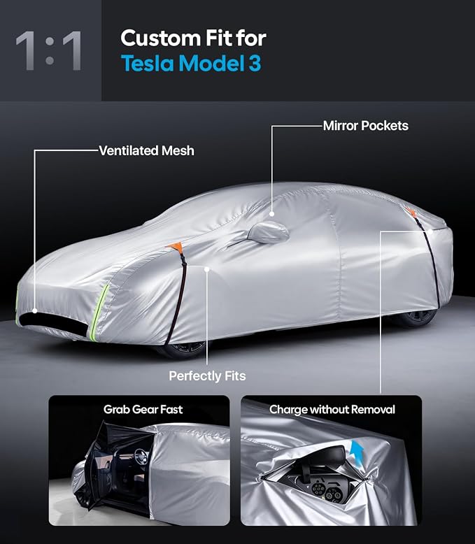 Wigoo Tesla Model 3 Car Cover Accessories (2017–2026), Custom Fit All-Weather Outdoor, Waterproof UV Sun & Heat Protection, Ventilated Design, Windproof, Smooth Paint-Safe Lining, Charging Port Zipper