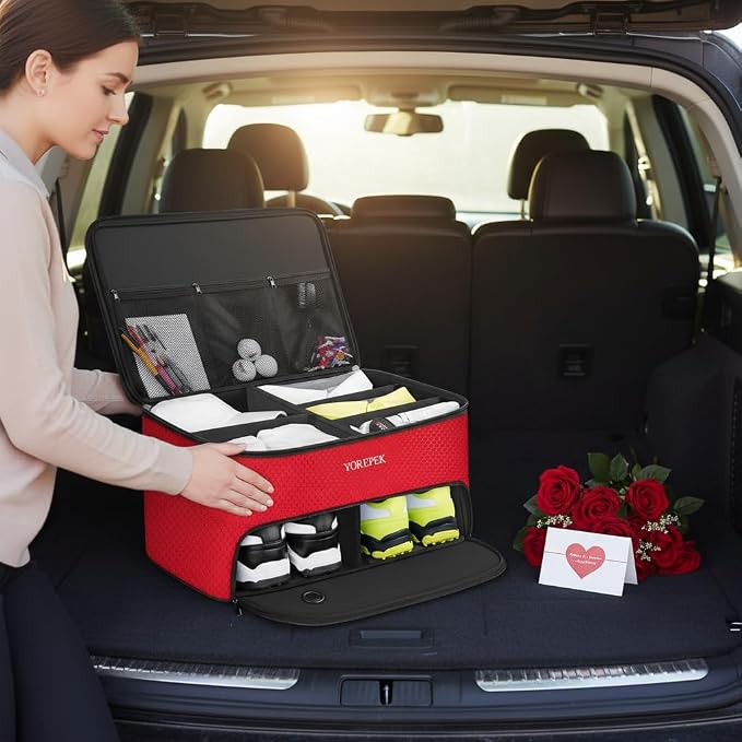 YOREPEK Golf Gifts for Men, 2 Layer Golf Trunk Organizer for 2 Pair Shoes | Waterproof Car Trunk Locker with Separate Ventilated Compartment for Balls, Tees, Clothes, Gloves, Birthday Gifts for Golfers