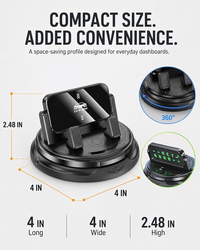 Car Phone Holder 360 Degree Rotation Navigation Mount Splendid Dashboard Windshield Accessories for Women Rotating Soporte De Telefono para Carro Grip Anti-Slip Grips(Glow Number Edition)
