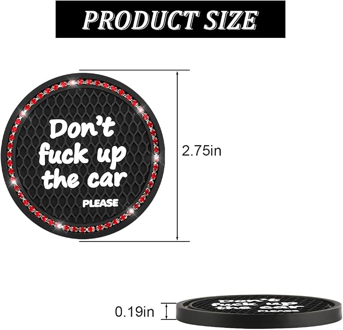 2 Pack Bling Car Coasters for Cup Holder, Crystal Rhinestone 2.75 in Cup Holder Coaster, Silicone Anti-Slip Insert Cup Mats for Women, Interior Accessories Universal for Most Cars (Black/Red)