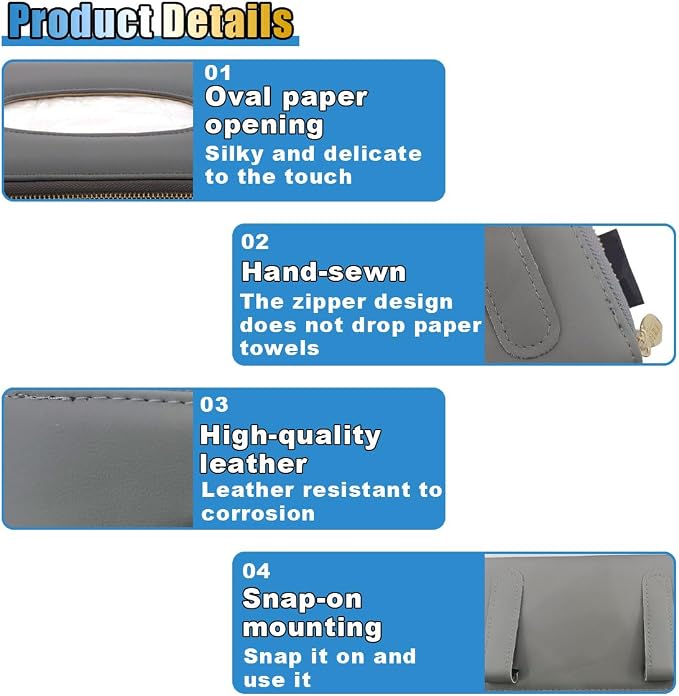 Car Tissue Holder, Car Sun Visor Tissue Box Holder, Car Backseat Paper Carton, Leather Car Tissue Napkin Case, Universal Car Hanging Paper Towel Clip for SUV, RV, Truck (Grey)