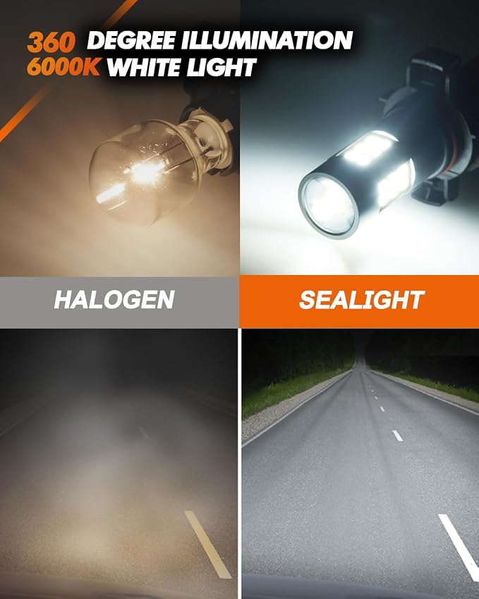 SEALIGHT 5202 LED Fog Lights Bulbs, 5201 PS19W PS24W 9009 5202 LED Bulbs Fog Light Bulbs 1:1 Design, 6000K Xenon White 27 SMD Chips 360-Degree Illumination Fog Lights LED for Car Truck, Pack of 2