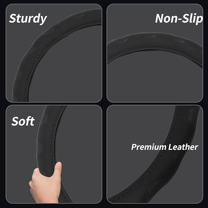 Steering Wheel Cover with Anti-Slip Leather Grip Compatible with Ford, Toyota, Honda, Nissan, and Chevrolet Vehicles for 14.5-15.35 inch Round Steering Wheels Universal Car Accessories