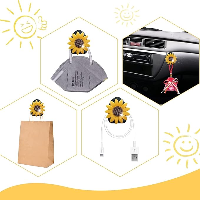 Bling Bee Air Vent Clips, 4 Pcs Crystal Bee Car Air Fresheners Car Diffuser Vent Clip Rhinestone Car Decoration for Women Interior Decor Bling Car Accessories + Sunflower Mask Hook