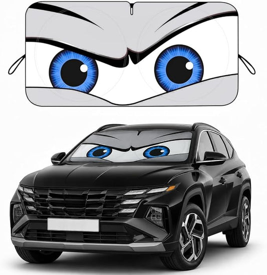 Car Windshield Sun Shade, Universal Fit Midsized Sedan SUV, Cool Gray | 63 x 31.5" Windshield Cover, Foldable Front Window Sunshade, UV Heat Protection, Cute Eyes Series
