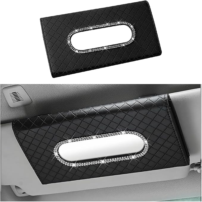Bling Car Visor Tissue Holder, Crystal Rhinestones Vehicle Sun Visor Hanging Napkin Organizer Case with Ergonomic Take Out Port, Automotive Interior Tissue Dispenser, Universal Fit (Black)