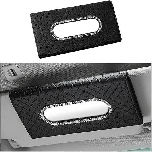 Bling Car Visor Tissue Holder, Crystal Rhinestones Vehicle Sun Visor Hanging Napkin Organizer Case with Ergonomic Take Out Port, Automotive Interior Tissue Dispenser, Universal Fit (Black)