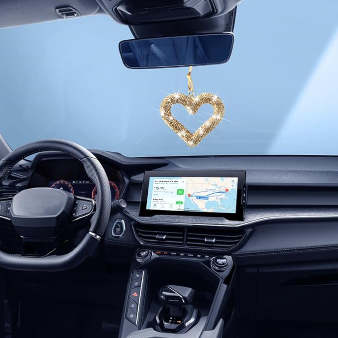 Mandark Bling Heart Car Hanging Accessories, Crystal Rhinestone Vehicle Rear View Mirror Charm Pendant Ornaments, Cute Diamond Auto Interior Hanger Decoration for Women Girls（Golden）
