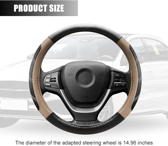 Zpana Car Steering Wheel Cover, 15 Inch Carbon Fiber Leather Non-Slip Steering Wheel Protector with Lining, Breathable Automotive Interior Accessories, Universal for SUV RV Truck (Beige)