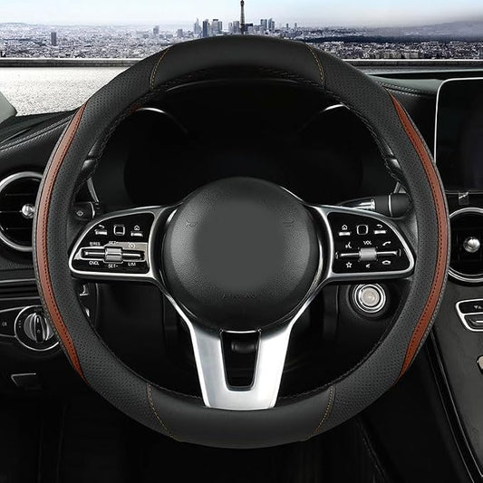 Car Steering Wheel Cover, Leather Steering Wheel Cover Brown Universal 14.5-15 Inch Microfiber Leather Anti-Slip Breathable Auto Steering Wheel Covers for Men Women (Brown)