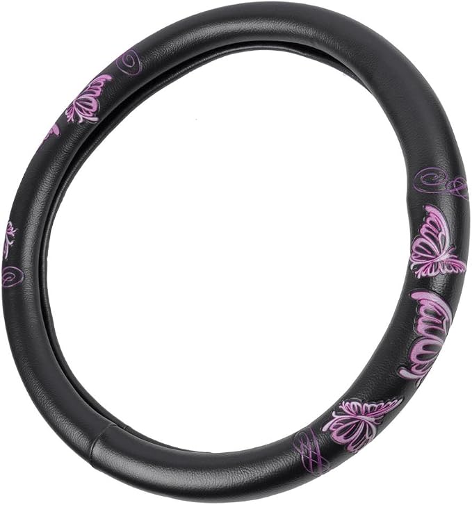BDK Design Comfort Grip Steering Wheel Cover for Car SUV Van and Truck, 15 inch Standard Size, Pink Butterflies
