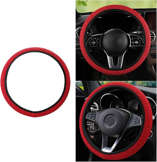 Stretch Elastic Steering Wheel Cover, All-Season Comfort, Warm in Winter & Cool in Summer, Universal 15 Inch Microfiber Breathable Ice Silk, Anti-Slip, Odorless, Easy Carry, Fit Car, SUV (Red)