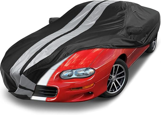 iCarCover Custom Car Cover Compatible with 1993-2002 Chevrolet Camaro STD, Z28, SS Waterproof All Weather Rain Snow UV Sun Protector Full Exterior Indoor Outdoor Car Covers, Stripe (Black/Gray)