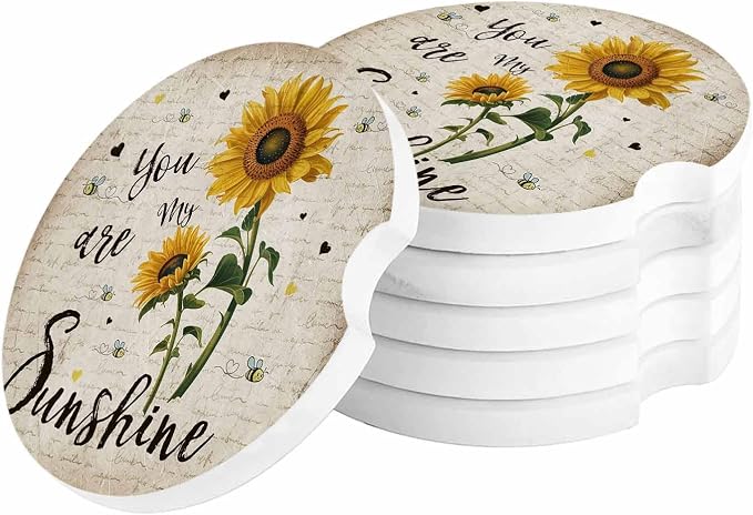 Small Car Coasters for Cup Holders 2.65" Absorbent 6 Pack Car Coaster Ceramic Stone for Drinks Absorb Water Drops You are My Sunshine Sunflower and Bee Letter Texture Retro Style