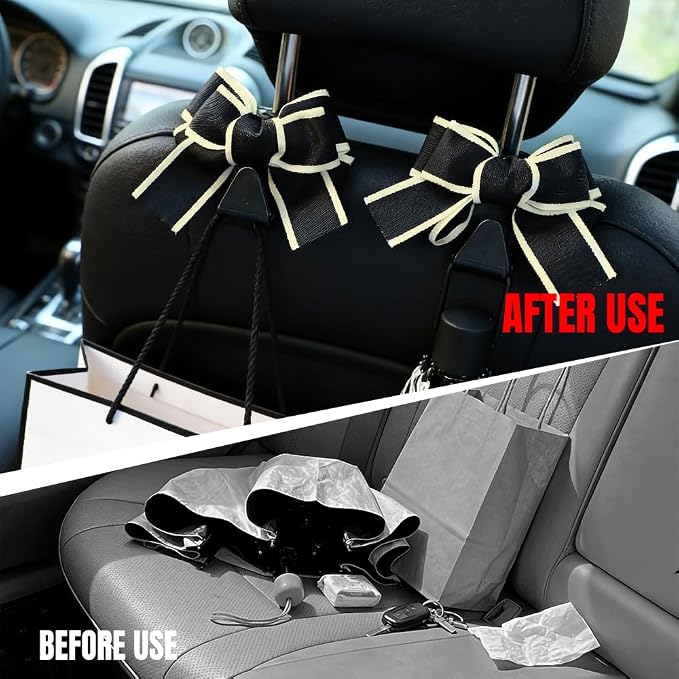 2PCS Car Seat Headrest Hooks, Car Purse Hook, Cute Bow Knot Vehicle Seatback Hanging Storage Organizer, Auto Seatback Decor Organizer Hanger for SUV Truck (White Line)