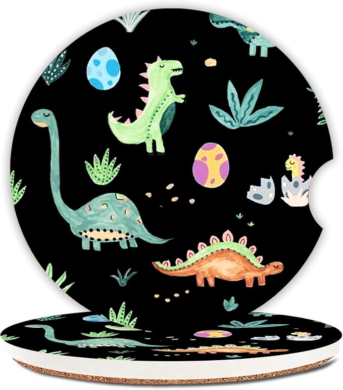 Cute Dinosaur Graffiti Ceramic Cup Holders - Pack of 2, Keep Cup Holders Clean and Dry, Drink Cup Car Holder Coasters with A Finger Notch