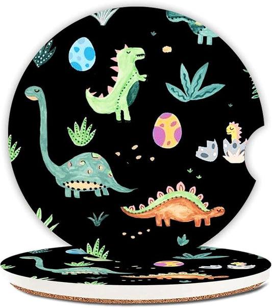 Cute Dinosaur Graffiti Ceramic Cup Holders - Pack of 2, Keep Cup Holders Clean and Dry, Drink Cup Car Holder Coasters with A Finger Notch