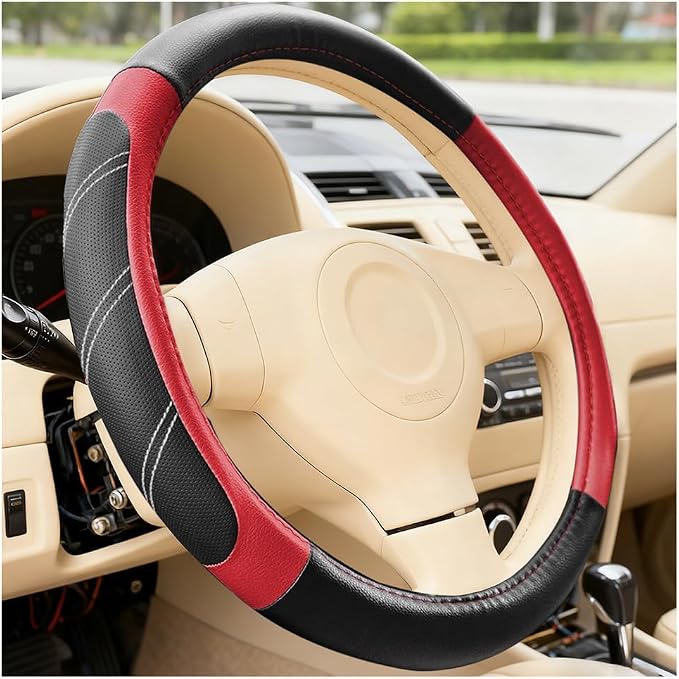 Car Steering Wheel Cover, 15 Inch Leather Breathable Auto Wheel Protection Cover with Non-Slip Lining, Padded Soft Grip Vehicle Steering Protector, Universal Fit (Black/Red)