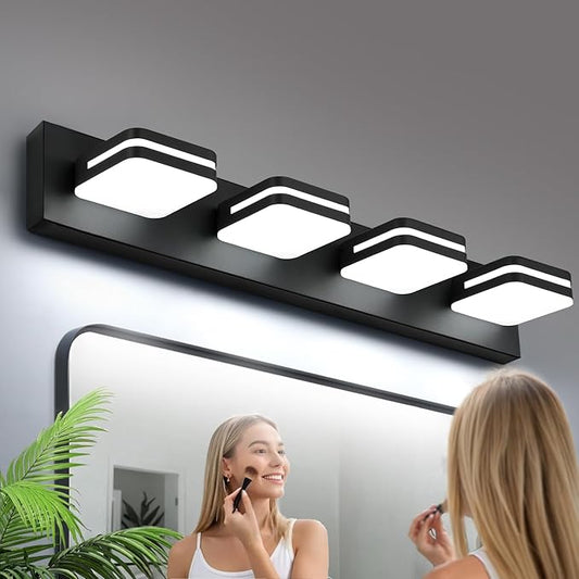 Torondo 360° Rotate LED Bathroom Vanity Light Fixtures, Acrylic Vanity Lights for Bathroom, Modern Wall Lighting Fixtures Over Mirror Living, Matte Black, Natural White, 4-Light, 27-Inch