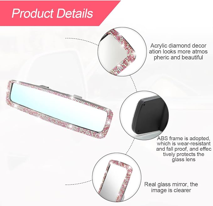 Car Bling Rearview Mirror, Rhinestones Crystal Diamonds Rear View Mirrors with HD Glass, Universal Clip-on Rear View Mirrors for Cars, Vehicles, SUVs, Car Accessories for Women Girls (Pink)