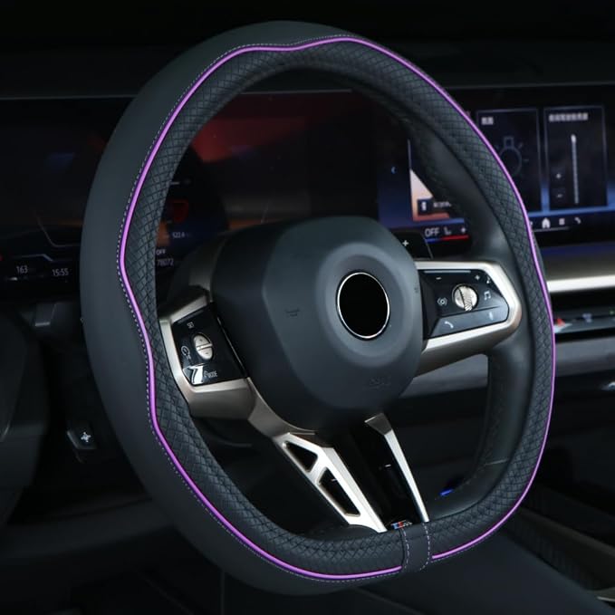 Mayco Bell Flat Bottom Steering Wheel Cover Anti-Slip,Safety,Soft,Breathable,Durable,Full Surround,Comfortable Grip Microfiber Leather (D Shape, Black Purple)