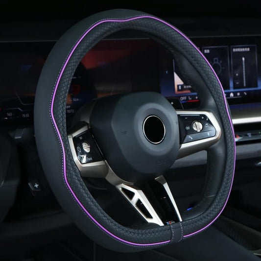 Mayco Bell Flat Bottom Steering Wheel Cover Anti-Slip,Safety,Soft,Breathable,Durable,Full Surround,Comfortable Grip Microfiber Leather (D Shape, Black Purple)