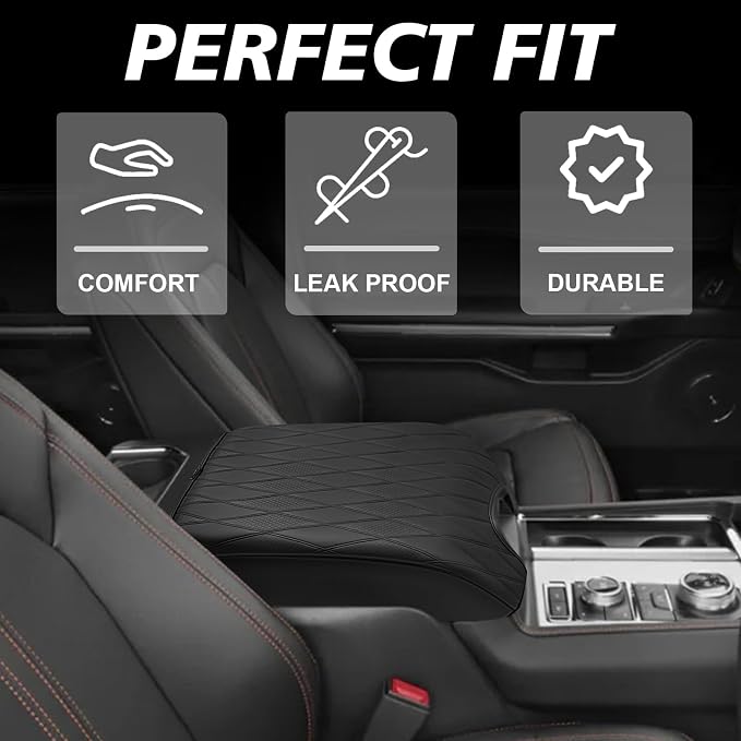Muslogy Center Console Armrest Cover Fit for Ford F150 2015-2020&F250 F350 F450 2017-2022&Expedition 2018-2024 Accessories, Armrest Pad Console Lid Cushion Vegan Leather Regular Thick (Bucket Seat,V2)