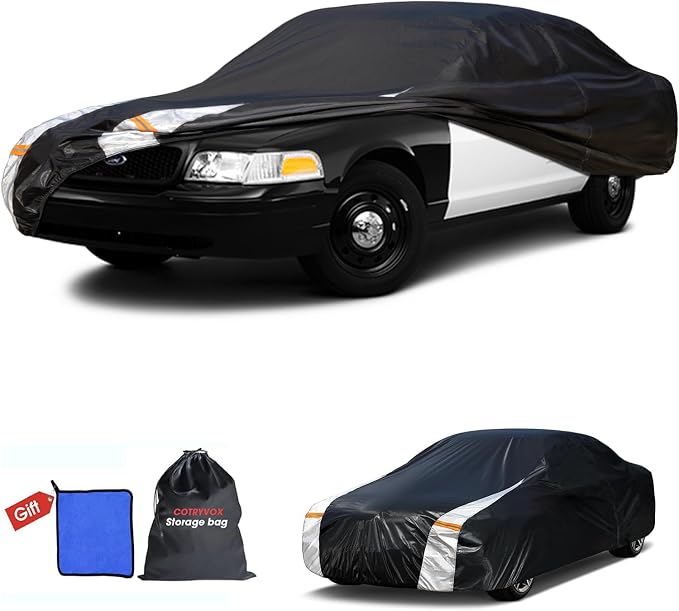 Multi-Layer Car Cover Custom Fit for Ford Crown Victoria (1991-2010), 100% Waterproof All Weather for Automobiles, Gift with Towel, Heavy Duty Car Covers for Rain Sun UV Protection with Door Zipper.