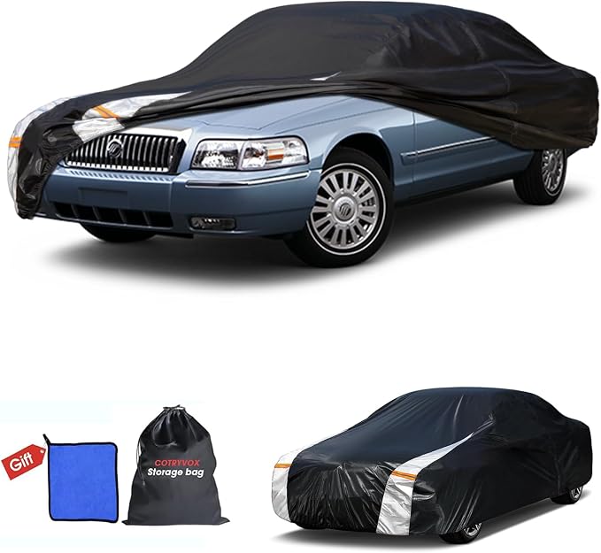 Multi-Layer Car Cover Custom Fit for Mercury(Grand) Marqui(1983-2011), 100% Waterproof All Weather for Automobiles, Gift with Towel, Heavy Duty Car Covers for Rain Sun UV Protection with Door Zipper.