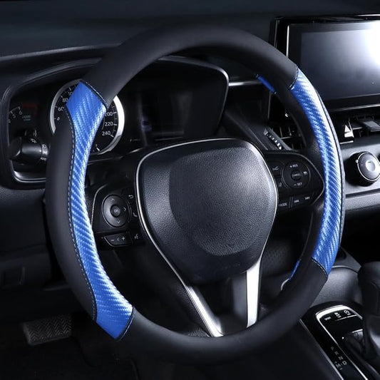 Steering Wheel Cover Blue - Premium Perforated Leather Sport Wrap with Carbon Fiber Texture and Odorless Rubber Non-Slip Inner, Universal Fit for Cars Trucks SUVS - 15 Inch (Blue)