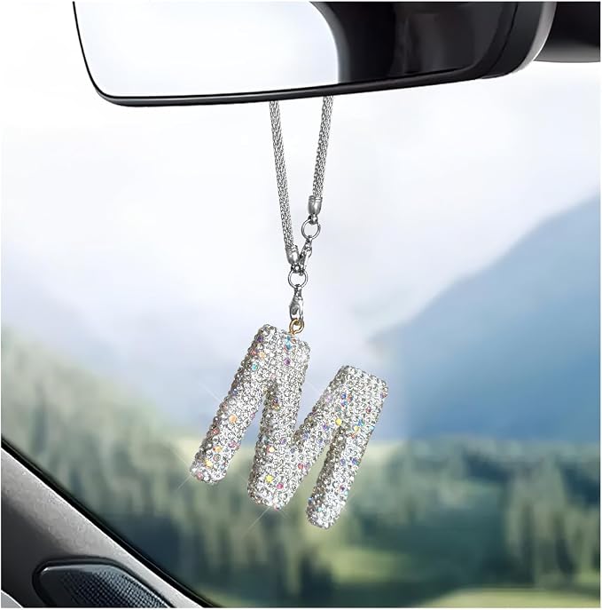DXNQ Bling Initial Car Rear View Mirror Ornament, Crystal Sparkling Cute Letter Charm Pendant Auto Decor, Hanging Lucky Diamond Initial Charm Car Mirror Bag Ornament for Girl Women (Letter M)