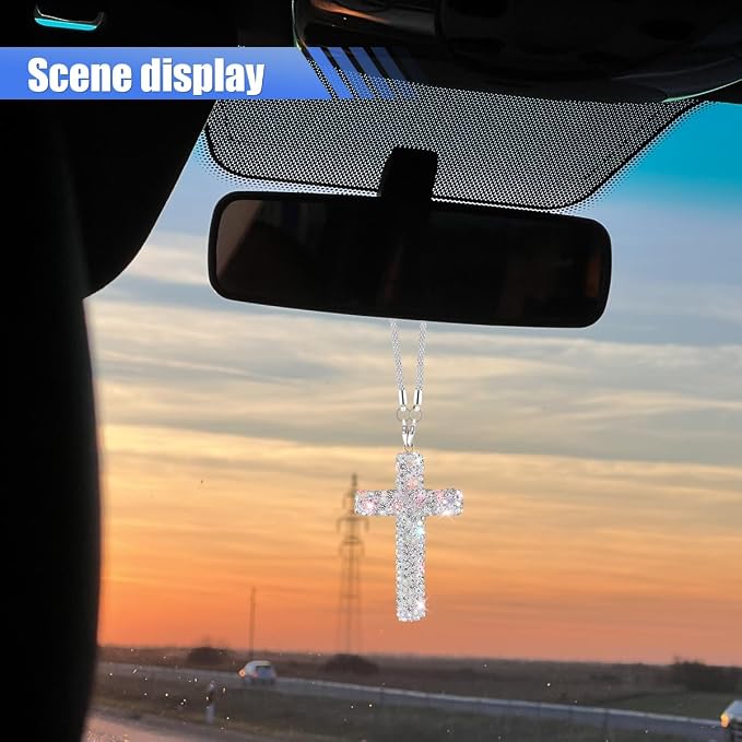 ZIMISI Bling Cross Car Hanging Ornament, Crystal Rhinestone Car Rearview Mirror Pendant for Women, Diamond Rear View Mirror Charm Present, Universal Vehicle Interior Decoration Accessory (White)