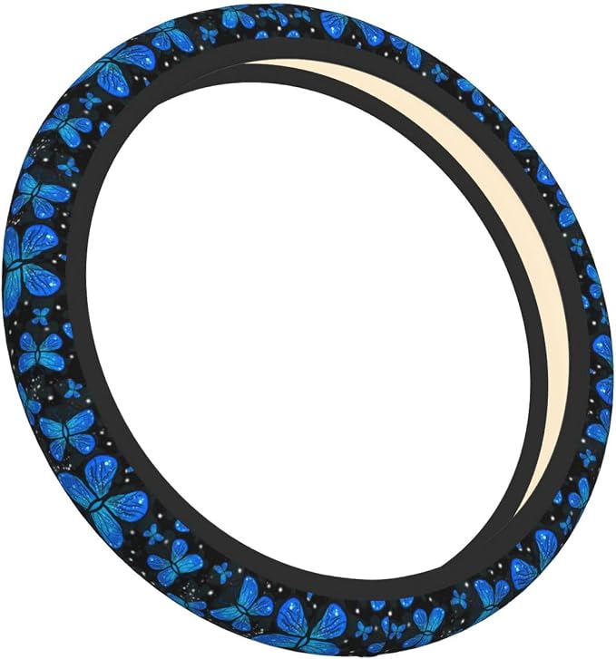 Blue Butterfly Black Steering Wheel Cover for Women Men Girls Car Accessories Decor Anti-Slip Neoprene Auto Steering Wheel Covers Protector Universal 15 Inch